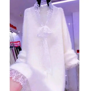 Elegant Lace Patchwork Dress Autumn Winter Warm Mink Cashmere Sweater Dresses Office Women V-Neck Lace Up Midi Vestidos 699B