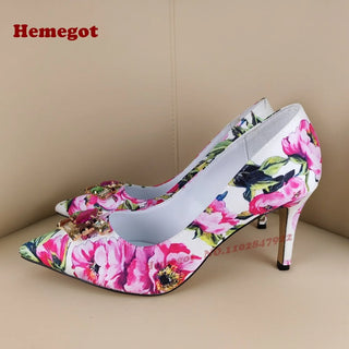 Pointy Toe Flower Print Gemstone Pumps