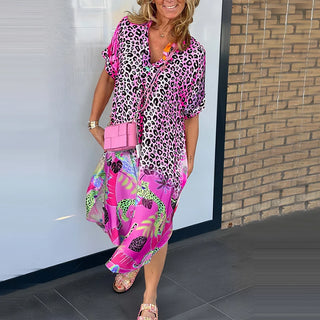 Summer Leopard Printed Maxi Dresses Plus Size Women Casual V Neck Short Sleeve Long Dress Beach Holiday Dress For Women Robe