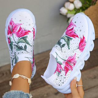 Flat Heels Crystal Floral Knitted Sneakers