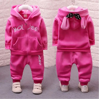 Baby Plush Clothes Set Children Autumn Winter Boys Girls Cartoon Minnie Bow Hooded Coat+Pants 2Pcs Set Toddler Warm Letter Suit