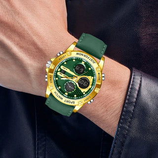 FOXBOX Outdoor Fashion Electronic Watches for Men Casual Sports Leather Waterproof Weeks Dual Digital Display Quartz Chronograph