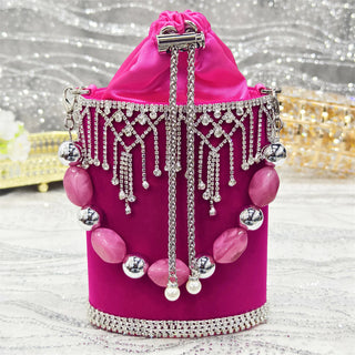 Venus Chan Fuchsia Color Pointed-Toe High Women Heels Shoes and Bags for Women Rhinestone Evening Party Elegant Luxury Handbag