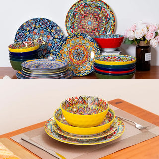 Dinner Plates set of 6, 24 Pieces Dinnerware Sets Microwave and Dishwasher Safe, Scratch Resistant, Bohemian Style Plates and Bo