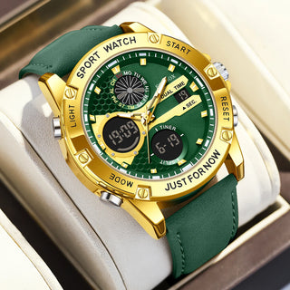 FOXBOX Outdoor Fashion Electronic Watches for Men Casual Sports Leather Waterproof Weeks Dual Digital Display Quartz Chronograph