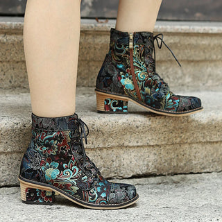Women's Floral Print Block Heel Booties