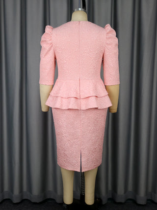 Puff Sleeves Jacquard Midi Dress