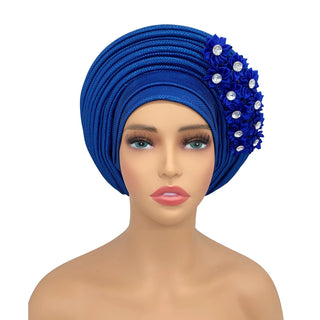 New African Headtie Turban Nigeria Head Ties with Flowers Already Made Auto Gele Women Head Wraps for Wedding Party