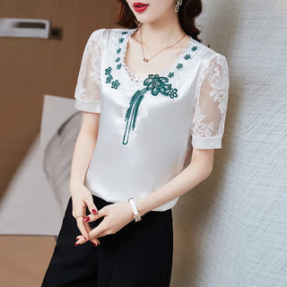 Satin Lace Floral Stitching V neck Blouse