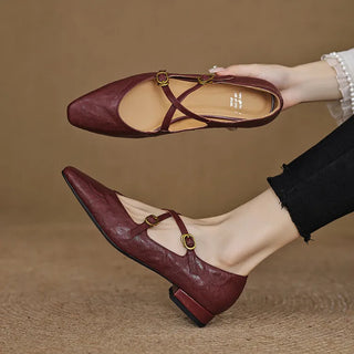 British Women Leather Strap Buckle Flats