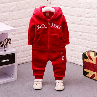 Baby Plush Clothes Set Children Autumn Winter Boys Girls Cartoon Minnie Bow Hooded Coat+Pants 2Pcs Set Toddler Warm Letter Suit