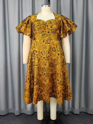 Floral Puff Sleeve Jacquard Dress