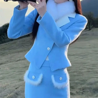 Autumn New Temperament Fur Patchwork Suit Elegant Pearl Buttons Women Jacket+High Waist Midi Skirt Celebrity Party Outfits 948P