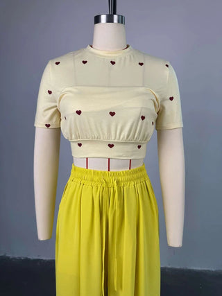 African Two Piece Set Women's Outfits 2025 Summer Casual Sweet Fashion Heart Short Sleeve Top and Wide Leg Long Pants Sets
