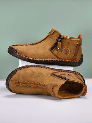 New Classic Handmade Leather Men Shoes Zipper Design Outdoor Sneakers Slip On Breathable Casual Shoes Leather Men Ankle Boots