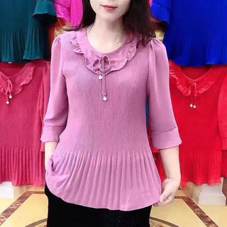 Pleated 3/4 Sleeve Casual O-Neck Blouse