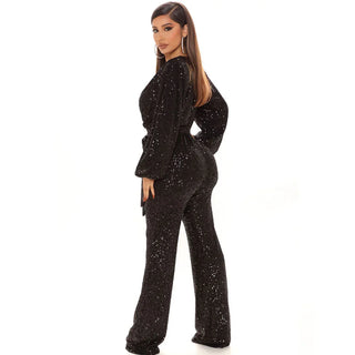 Women's Sequined Deep V-neck Jumpsuit